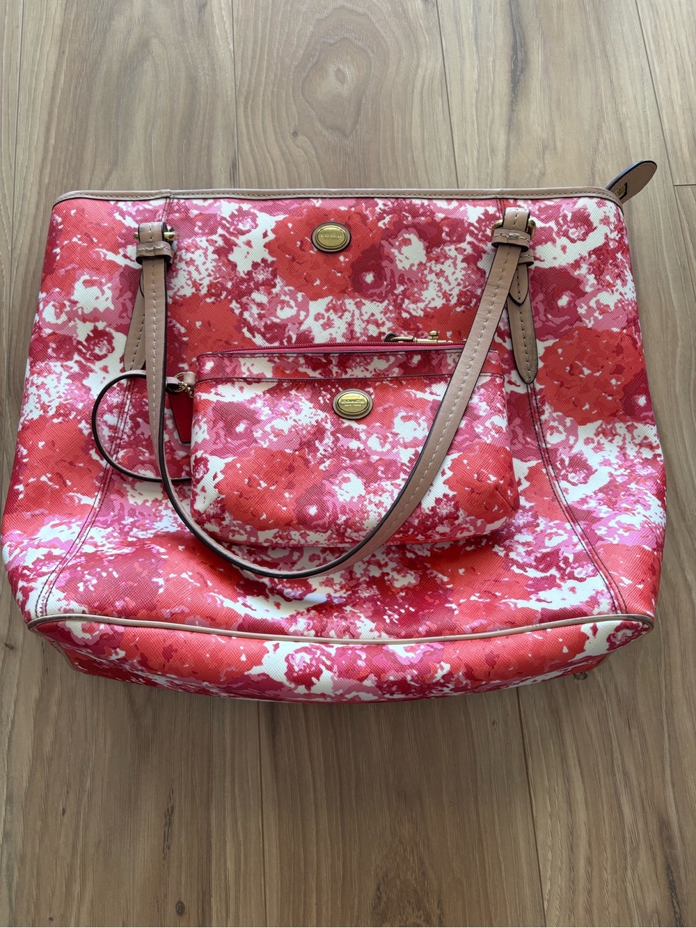 Coach Peyton Floral Leather Zip Top Tote with Leather Trime and Wristlet Wallet